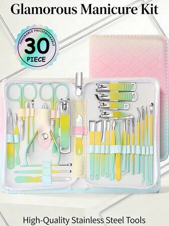 Nagelklippare och skönhetsverktyg bärbart set manikyrset 9/18/30 i 1, med reseväska i läder med dragkedja, lämplig för hemmet, arbetsplatsen, utomhusresor, presenter, salong, presenter till kvinnor/män
