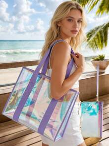 1/2 pezzi/set Grande borsa trasparente con laser per la spiaggia per donne, borsa da spiaggia impermeabile e a prova di sabbia con cerniera e tasca trasparente con laser, per vacanza, vacanze, viaggio, spiaggia, piscina, crociera, battello, regalo di compleanno, regalo per feste - Multicolore - Visualizzare 8