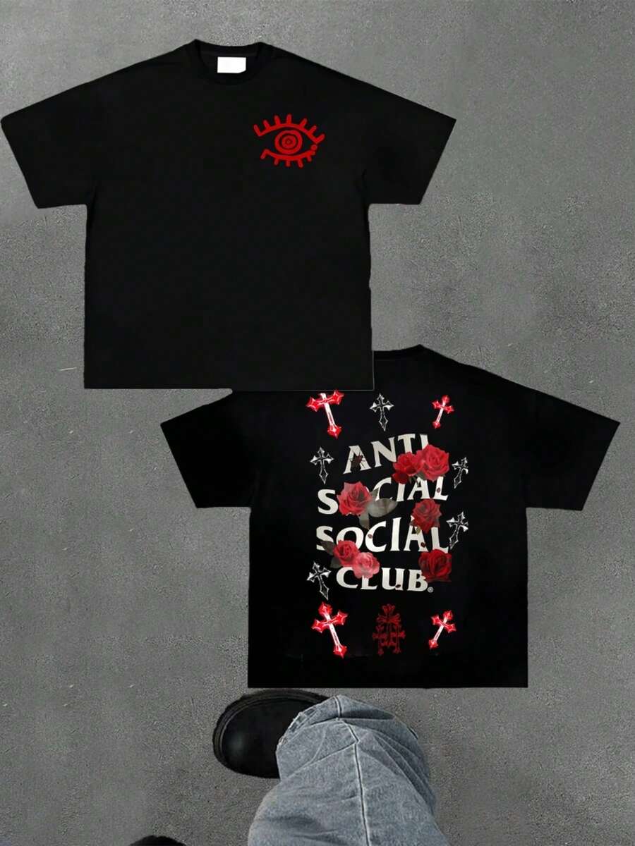 Anti Social Club Graphic Cropped T-Shirt For Boys And Girls Men, Women All Ages Family T-Shirt Letter New Streetwear Clothing Harajuku T-Shirt Cotton Half Sleeve Tee, Y2K Style Casual Cotton Classic Crewneck Design Tee - màu đen - Xem 1