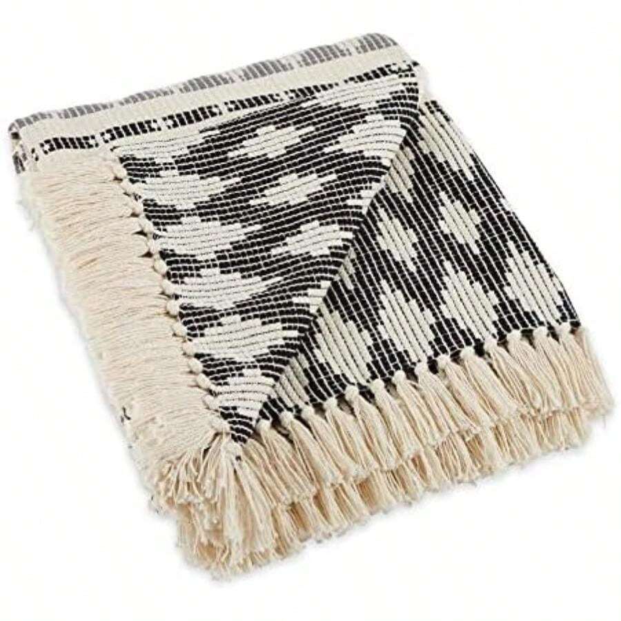 DII Manta Tejida de 100% algodón para Uso en Interiores y Exteriores, Camping, barbacoas, Playas, Manta Diaria, 50 x 60 Pulgadas, Rayas Tejidas(Indio Negro y gris) - 50*60 - Ver 1