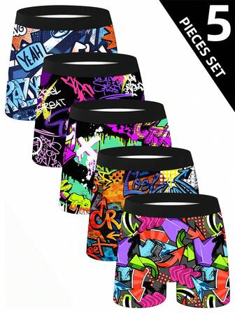 5件套男士时尚涂鸦印花短裤，数码印花男士平角内裤，趣味印花拳击短裤，针织弹力舒适透气男士内裤，透气亲肤时尚运动内裤