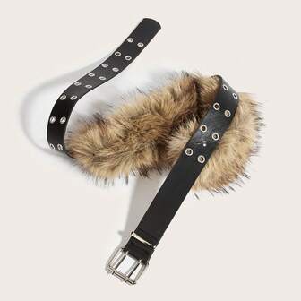 1pc Punk Y2K Faux Fur Black High-Quality PU Leather Fashion Belt For Women, Suitable For Pairing With Cropped Leather Jackets, Denim Jackets, Slip Dresses, For Daily Outings, Niche Gatherings, Photography, Music Festivals, Christmas And Family Celebrations.