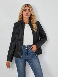 Women's Faux Leather Motorcycle Jacket - Asymmetric Zipper, Stand Collar Design, Creates Avant-Garde Commute And Urban Street Style, Autumn/Winter - Black - View 2