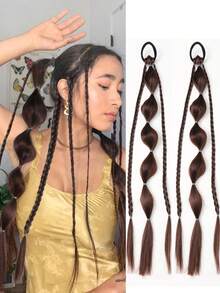 2 piezas Pelucas con trenzas de burbuja de 20 pulgadas estilo Y2K lindas y geniales para niñas, con banda elástica, accesorios para el cabello, adecuadas para fiestas, reuniones, regalo de Halloween (Color: Negro, Marrón Claro, Marrón Oscuro, Marrón-Negro) - Multicolor - Ver 11