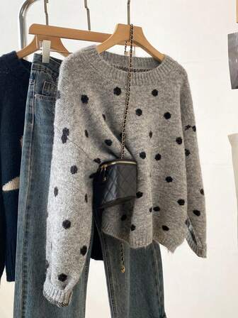 Women's Casual Polka Dot Knit Sweater, Long Sleeve Ribbed Knit Loose Fit Top, Slightly Stretchy, Suitable For Winter, Polka Dot Blouse