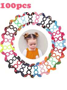 100pcs Cute Rabbit Ear Hair Scrunchies, Colorful Bow Ponytail Hair Ties For Girls - Multicolor - View 2