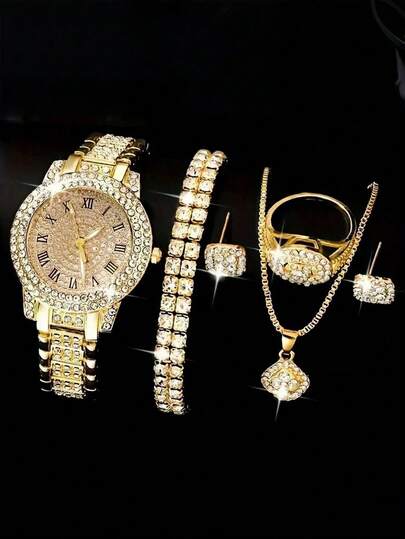 7 قطع مجموعة ساعات نسائية، ساعة كوارتز بعقارب رومانية وإكسسوارات مجوهرات: قلادة بلورية لؤلؤية، سوار، أقراط، خاتم، مناسبة للحفلات والزفاف والشاطئ وعيد الحب وغيرها من المناسبات