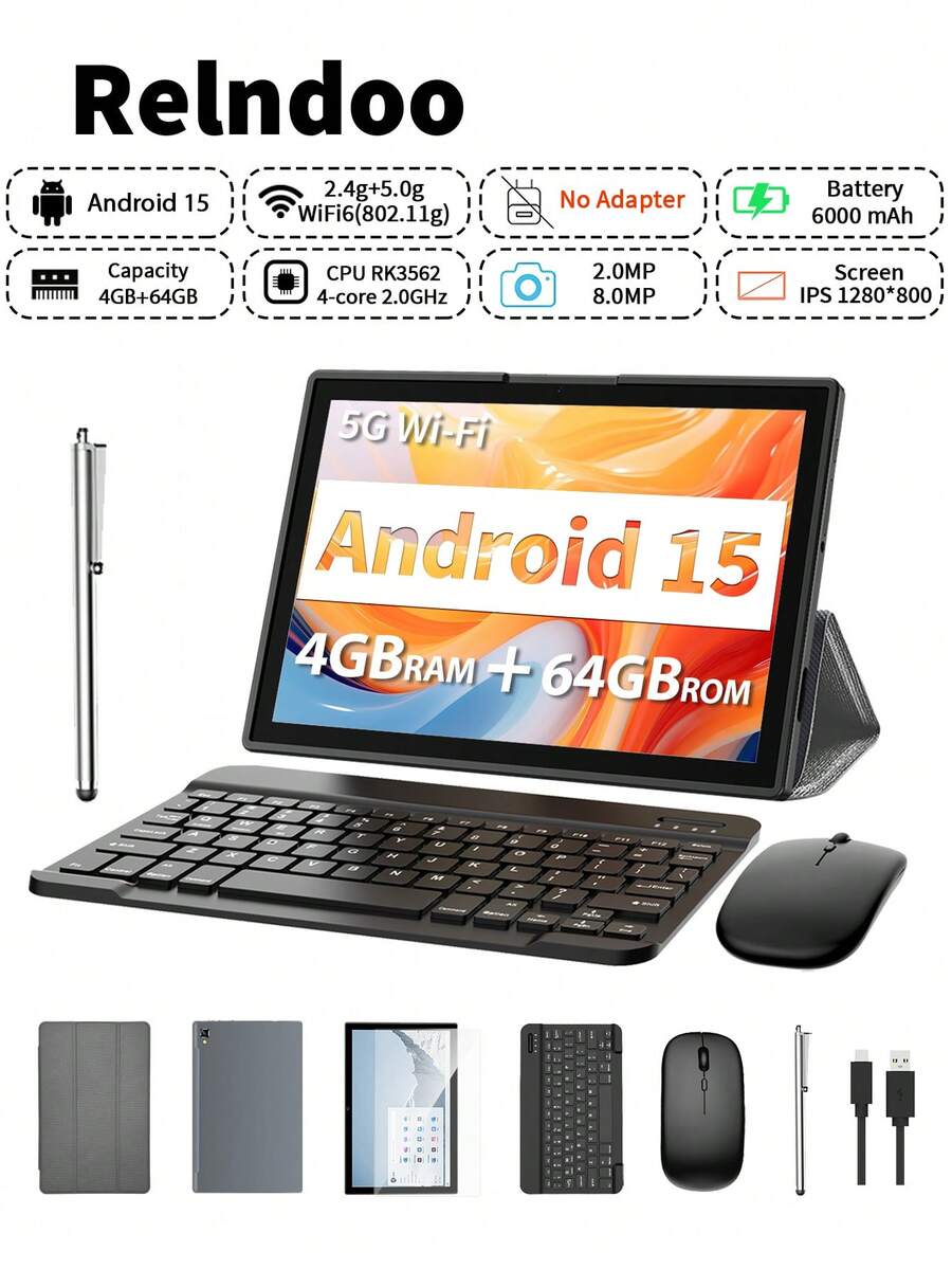 Relndoo 二合一安卓平板电脑，配备键盘和鼠标，2025 TopS 安卓 10 英寸平板电脑（4GB+64GB），1280*800 高清触摸屏，双 2MP+8MP 摄像头，RK3562 四核 2.0GHz 处理器，包含保护套、鼠标、手写笔、键盘、6000mAh 电池，支持 1TB SD 卡，802.11n 2.4G/5G WiFi，GPS - 灰色 - 灰色 - 查看 1