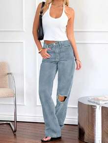 Womens Jeans, Y2K Style Women's Wear, High Street Ripped Straight-Leg Jeans, Casual And Versatile Jeans, Jeans>Pants, Suitable For All Seasons, With Multiple Pocket Designs, Religion>Clothes, Suitable For Going Out, Cocktail Parties, Parties, Christmas, Nightclubs, Banquets, Film Festivals, Cinemas, Balls Cocktail Party, Bar, Wedding, Graduation Ceremony, Homecoming, Birthday Party, Rebellious Girl, Holiday-Themed Party, Out Dress, Streetwear, Fashion Show, Date, Valentine 's Day, Out Work University, School Village, Concert, Street Girl, Girl, Country Outfits Women, Out Best Women, Ladies' Vacation Clothing Country Concert Outfit,New Years Outfit Women, Valentine's Day, Clothes, Valentine Outfits For Women - 淺藍色 - 查看 2