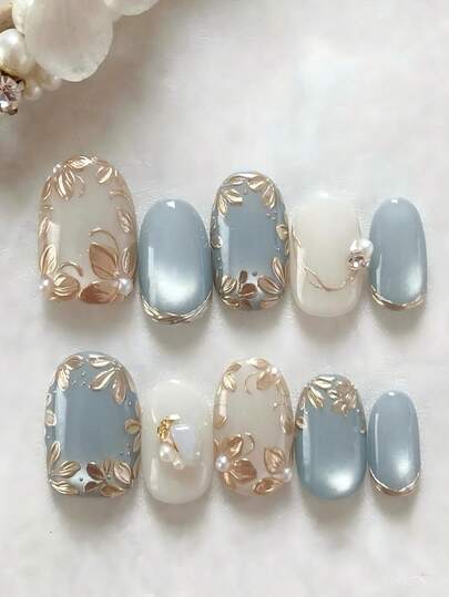 qihangxin 10pcs Handmade Short Press-On Nails, Y2K Style, Premium Red Cat Eye, Hand-Painted 3D Golden Flowers, Multi-Diamond Stacked, Chrome, Red, Navy Blue, Black Nails, 3 Color Options, Press-On Christmas Nails, Oval Pointed Nails, Suitable For Girls' Daily Wear, Also As Holiday Gifts For Valentine's Day, New Year, Christmas, False Nails