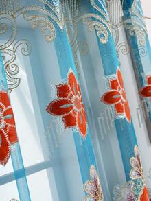 1 Peça Nova Cortina Transparente Bordada com Estilo Palaciano Europeu e Floral Perfurada, Decoração de Feriado - Azul - Visão 5