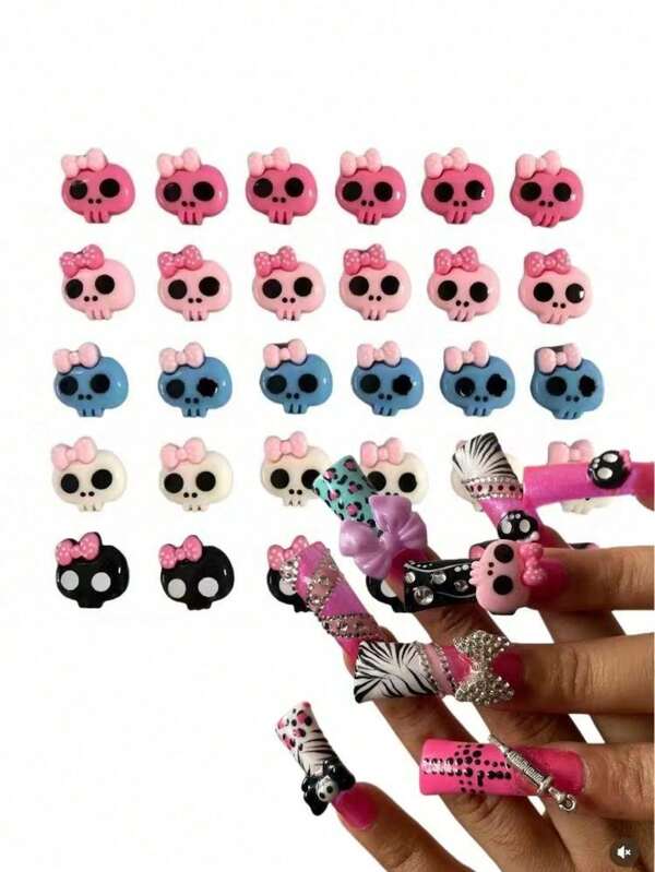 30 Stück Halloween Gothic Stil Neue Dopamin Pink Blau Weiß Schwarz Mischfarben Y2K Süß Cool Schleife Totenkopf DIY Handwerk Flache Harz Handyhülle Handgefertigte Harz Accessoires Niedliches Design Lange Enten Nagelkunst Dekoration Anhänger Nagel Dekoration