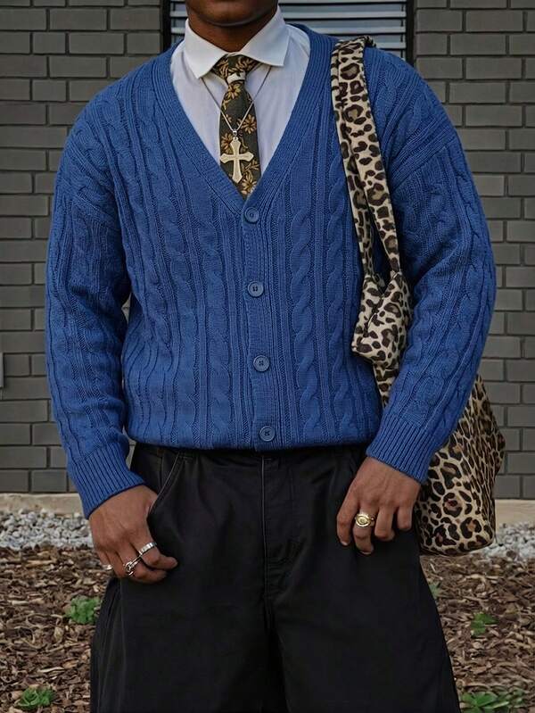 ANDREILEE Men's V-Neck Casual Loose Fit Cardigan Sweater, Versatile American Street Style Long Sleeve Knitted Tops, Spring/Autumn/Winter