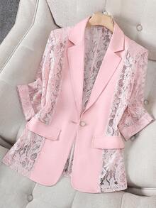 女士浅粉色薄纱西装外套，轻薄夏季休闲办公上衣，短款七分袖春季套装 - 粉色 - 查看 9