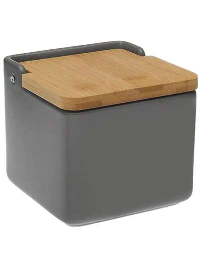 TIENDA EURASIA "Salero de Cocina de Cerámica Gris con Tapa de Bambú, Diseño Elegante y Funcional, Protege de Humedad, Dimensiones 12x12x11 cm, Añade Sofisticación y Estilo a tu Espacio Culinario, Acceso Fácil para una Experiencia Culinaria Sin Complicaciones, Complemento Decorativo Perfecto para Tu Cocina"Entrega 24/48h a España Peninsular