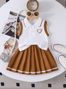2pcs/Set Girls' School Style Heart Graphic Sleeveless Top And Pleated Skirt Outfit, Summer - White - View 1
