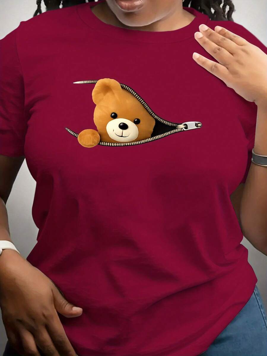 Spring Tops Women's Cute Bear Pattern Zipper T-Shirt - 180g Milk Yarn, Medium Stretch Casual Short Sleeve Round Neck Top Spring Summer Autumn Loose And Comfortable Summer - 酒紅色 - 查看 1
