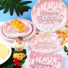 72件套生日派对用品套装，玫瑰金粉色生日皇冠，7/9英寸深蓝金色派对餐盘，苹果蓝金色箔纸一次性餐盘、杯子和餐巾纸，适用于生日、婚礼、派对餐桌 - 彩色 - 查看 3