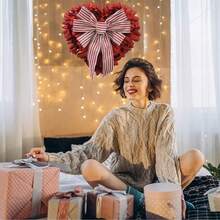 Valentine's Day 19.7 Inch Wreath Decor For Front Door Home, Love Heart Shape Valentine Wreath With Bowknot Decorations Garlands For Party Wedding Festival - 酒紅色 - 查看 3
