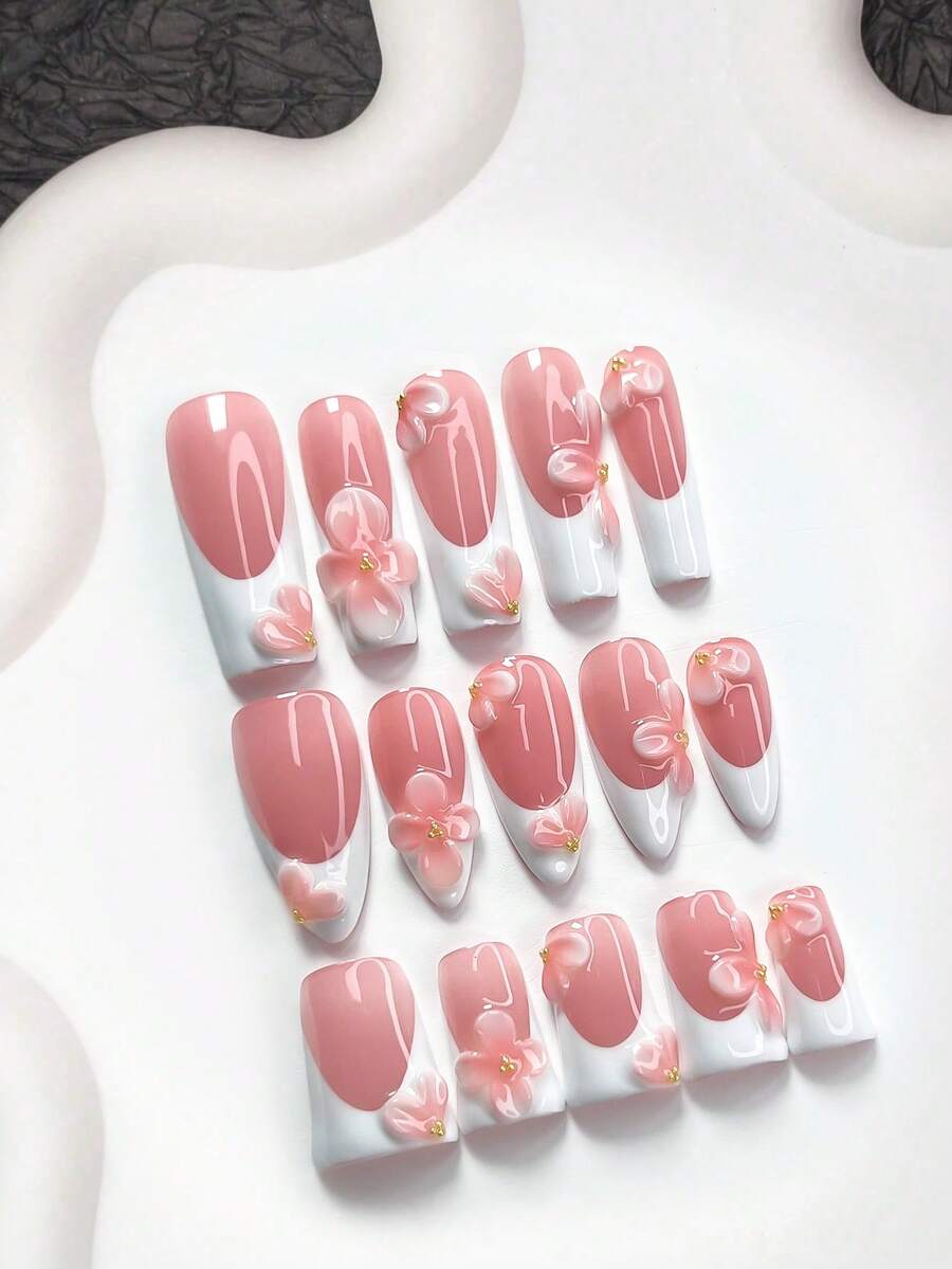 10片简约干净的法式按压式假指甲，手工花朵美甲装饰，白色指甲胶，包含美甲工具（1个果冻贴+1个指甲锉），3种尺寸：杏仁形、鸭嘴形、棺材形，适合日常、派对、婚礼等场合的美甲用品。 - 彩色 - 查看 1