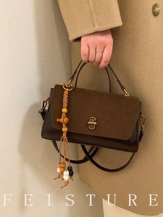 1 st. handväska i PU-läder med klaff, liten fyrkantig vintageväska med vridlås och hänge, lämplig för tjejer, kvinnor, högskolestudenter, unga yrkesverksamma, perfekt för arbete, affärer, pendling, skola