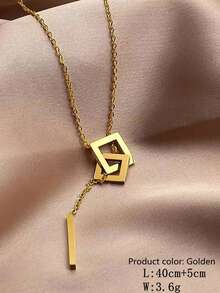 VceTd 1pc Gold-color Stainless Steel Necklace With Geometric Hollow Out Square Pendant And Tassel Detail Suitable For Women's Daily Wear, Birthday Gift