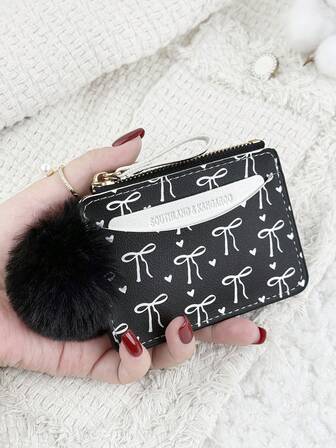 With A Pom-Pom Charm,Bow Love Pattern Zipper Small Wallet Coin Pocket Small Purse Bifold Slim Women Wallet MiniThin,Lightweight,Multi Layer Portable,ID Card,Money Credit Card Minimalist,Fashion,Modern,Business,For Anniversary,For Birthday Gift,For Gift,For Girls,For Lady,For Female,Bag School Supplies For School Dorm Room & Back To School