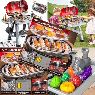 Cocina infantil de juguete parrilla de barbacoa con humo para niños de 3 4 5 6 y 7 años juego de comida de 2 capas con luz y sonido juguete de cocina para interior y exterior para niñosConveniente y duradero, para niños