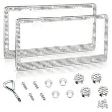 [Free Shipping]Bling License Plate Frame For Women, 2Pack Rhinestone Handcrafted Crystal Premium Stainless Steel, Stainless Steel Car Accessories With Diamond Sparkle Glitter Caps (White),2pc,White - White - 查看 1