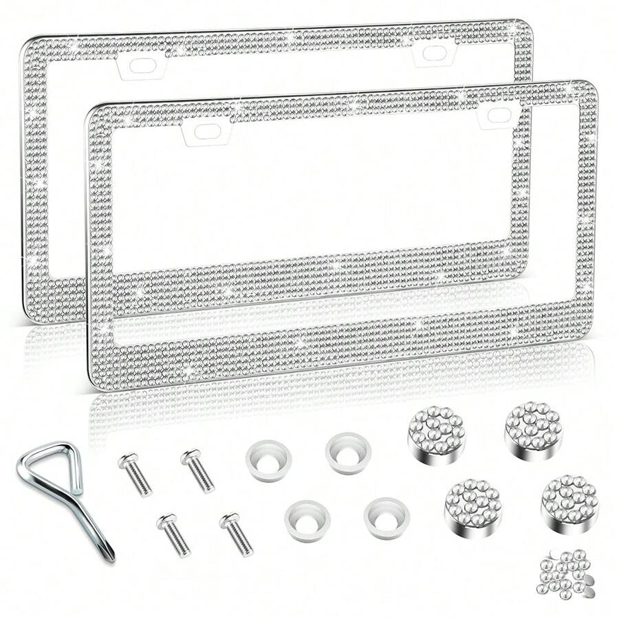 [Free Shipping]Bling License Plate Frame For Women, 2Pack Rhinestone Handcrafted Crystal Premium Stainless Steel, Stainless Steel Car Accessories With Diamond Sparkle Glitter Caps (White),2pc,White - White - 查看 1