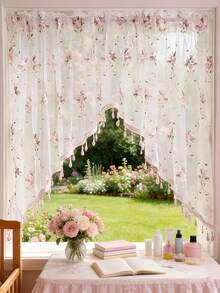 1pc Pink Floral Embroidered Lace Curtain With Beads Arched Shape Doorway Curtain Valance For Bedroom Kitchen Bathroom Rod Pocket Top - Baby Pink - View 9