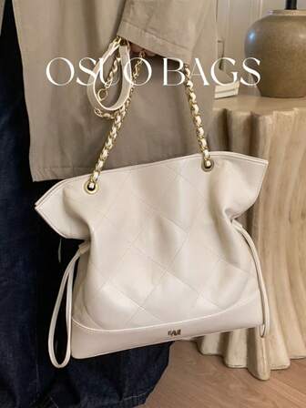 2026 New Solid Color PU Leather Large Capacity Handbag, Embroidered Rhombus Pattern Drawstring Bucket Bag With Metal Chain Handle, Vintage Elegant Style Suitable For Commuting, Dating, Casual Shopping And Various Occasions