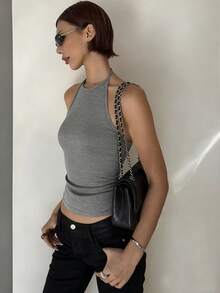 New Sexy Backless Tight Spaghetti Strap Tank Top For Women, Slim Fit Layering Tank Top, Autumn/Winter - Grey - View 4
