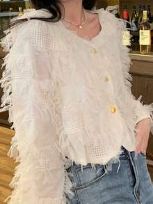 2025 Autumn New Korean Versatile Fringe Long Sleeve Lace Shirt Women's Top - Apricot - View 1