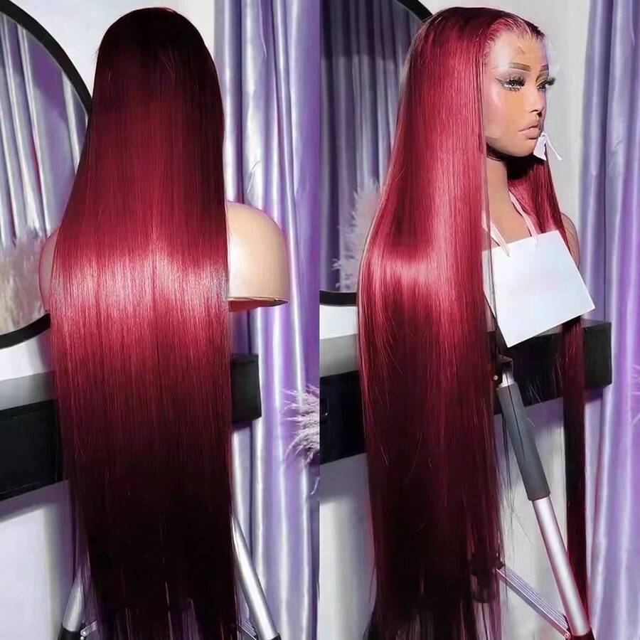 Uveous Burgundy Wig Human Hair 28inch 13x4 HD Transparent Lace Straight 99J Red Human Hair Wig Colored Reddish Brown Lace Frontal Wigs 200% Density Pre Plucked - S99J - 查看 1