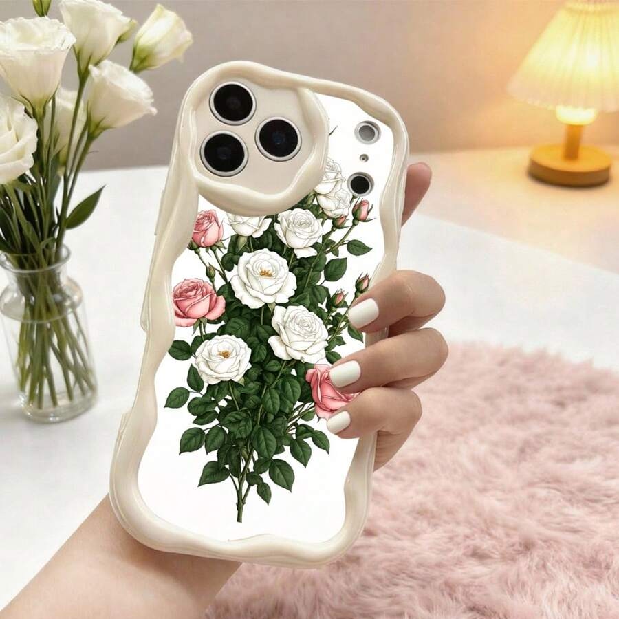 1PC Phone Case ,  White Roses And Pink Flowers , Stylish Phone Case, Phone Decoration, All-around Lens Protection, Creative Small Gift, Funny Gift for Boys and Girls - ホワイト - チェックする 1
