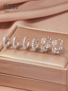 Hihho 6pcs/Set Luxury Zirconia Earring Set, Featuring Teardrop, Rhinestone Chain, Geometric Patchwork Designs, Minimalist Yet Sophisticated, Suitable For Commute, Work, And Light Social Occasions - Silver - View 3