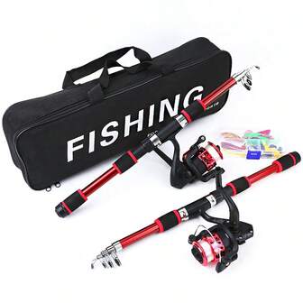 Combo de caña de pescar y carrete, Set de 2 piezas de caña de fibra de vidrio roja, Set de 2 piezas de carretes giratorios con bolsa de transporte, Combos y kits de caña de pescar y carrete de agua dulce
