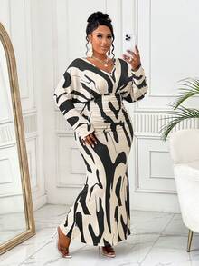 BIUBIU Vestido de mujer talla grande de unicolor con pliegues en la cintura y mangas tipo murciélago, vestimenta exterior con estampado geométrico - Albaricoque - Ver 3