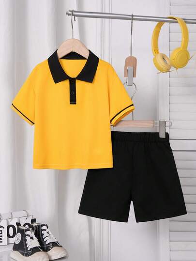 2pcs/Set Young Boy's Casual Fashion School Style Cute Collared Short Sleeve Yellow Polo Shirt Top Paired With Black Shorts Set, Suitable For Outdoor Sports, Back To School, Commuting, Social Gatherings, Spring/Summer