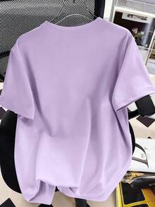 Girls' Cartoon Print Short Sleeve T-Shirt, Girls' Summer Round Neck Blouse - Purple - View 4