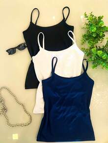 Set Of 3 Women's Tank Tops With Thin Straps, Spandex Fabric With Lining, Summer , Bestseller, Christmas, Basic, Beach, Vacation - 彩色 - 查看 2