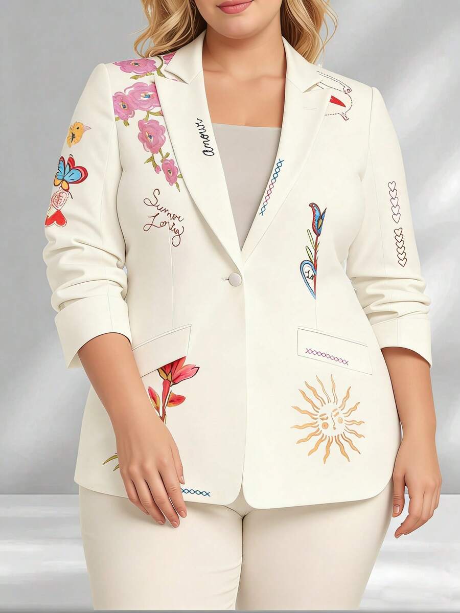 HOMEYEE Floral Print Long Sleeve Blazer Jacket With Pockets, Vintage Elegant Casual Suitable For All Seasons, Plus Size