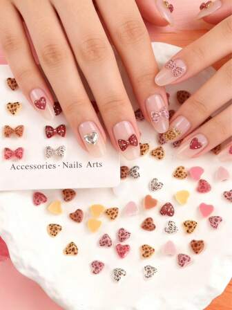 100/60/30 Pcs Leopard Print Bow Nail Charms, Assorted Cute Mix With Hearts & Bows, Resin Nail Art Decor For Press On Nails