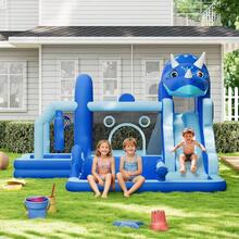 Castillo inflable con tobogán y juegos de agua, castillo inflable Oxford duradero con forma de dinosaurio y soplador de aire, gran castillo inflable para patio trasero para niños, instalación rápida con accesorios incluidos - Azul - Ver 5