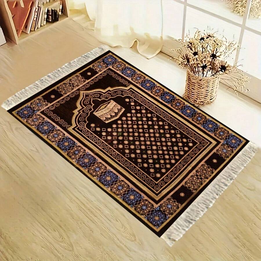 1pc Prayer Mat, Brown & Blue Floral Pattern Devotional Rug, Art Prayer Pad, Creative Prayer Mat, Easy To Clean - Multicolor - View 1