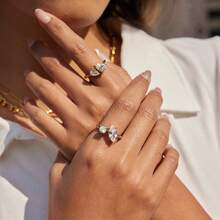 S SHOPBOHO 1枚大号水滴形水晶钻石戒指，立方氧化锆钻石结婚戒指，金色不锈钢首饰，情人节礼物 - 鑽戒 - 查看 3