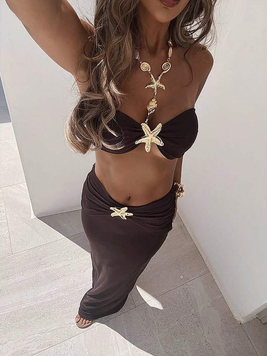 3pcs/Set Women's Elegant & Charming Sexy Beach Skirt Swimsuit Set With Starfish Decor, Summer & Valentine's Day - Brown - View 1