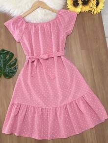 Floral Polka Dot Print With Belt And Ruffled Hem. Beachwear, Women's Fashion. - 粉色 - 查看 3