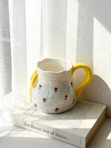 1个创意手工捏制幸运袋造型陶瓷咖啡/牛奶杯，饰有手绘蘑菇、郁金香、浮雕蝴蝶和绳索手柄，大容量家用杯